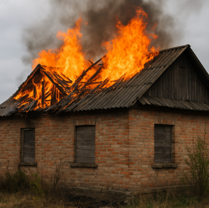 오래된 붉은 벽돌 외벽과 석면 슬레이트 지붕을 가진 폐가 화재 사진