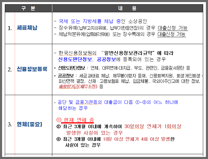 대출제한대상을 설명한 표