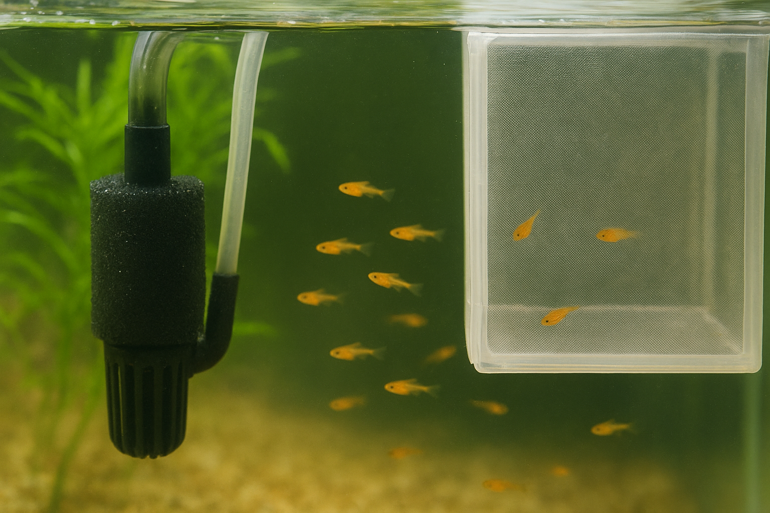 열대어 치어 사육 수조에서 치어 탈출을 방지하기 위해 스펀지 프리필터와 메쉬 부화통이 설치된 모습, 작은 치어들이 안전하게 헤엄치는 장면