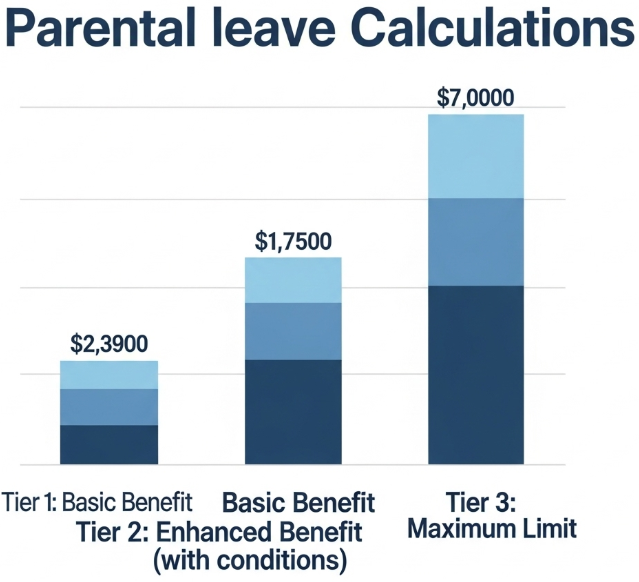 육아휴직 급여 계산을 상징하는 간단한 파이낸셜 차트와 그래프. 급여와 상한액이 단계별로 표시되어 있어 시각적으로 이해하기 쉽게 구성되어 있다