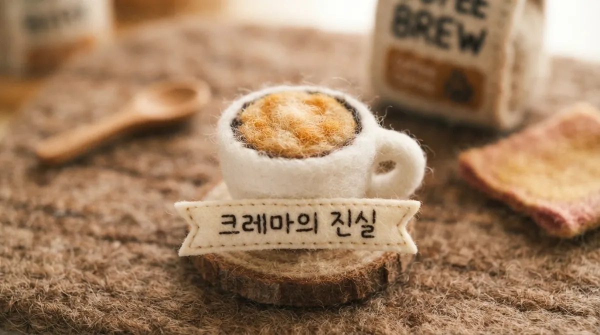 아늑한 카페의 따뜻한 조명 아래 햇볕에 마른 듯한 황금빛 크레마가 가득 담긴 하얀 세라믹 에스프레소 컵의 니들 펠트 양모 미니어처 모습