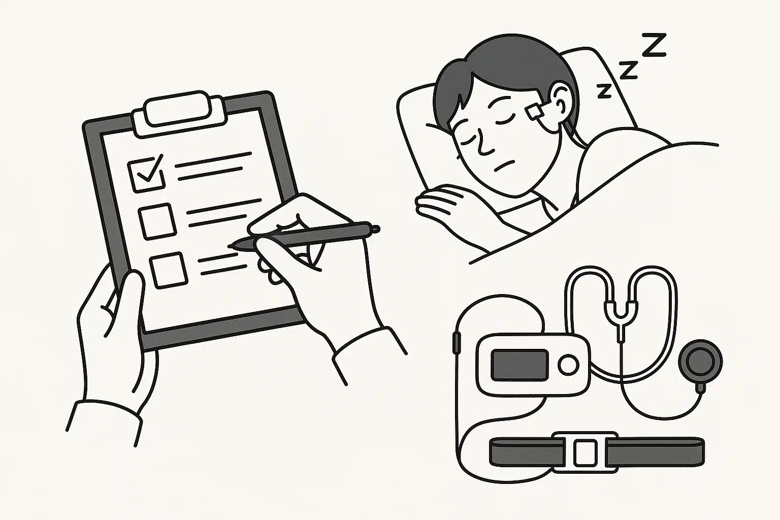 자가 체크리스트(턱 통증, 아침 두통, 가족이 들은 소리)를 메모하는 장면, EMG 센서를 착용하고 자는 사람