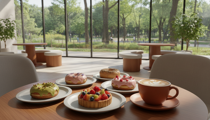 2026년 유행하는 서울숲 카페의 감성적인 인테리어와 다양한 디저트, 커피가 차려진 테이블 모습