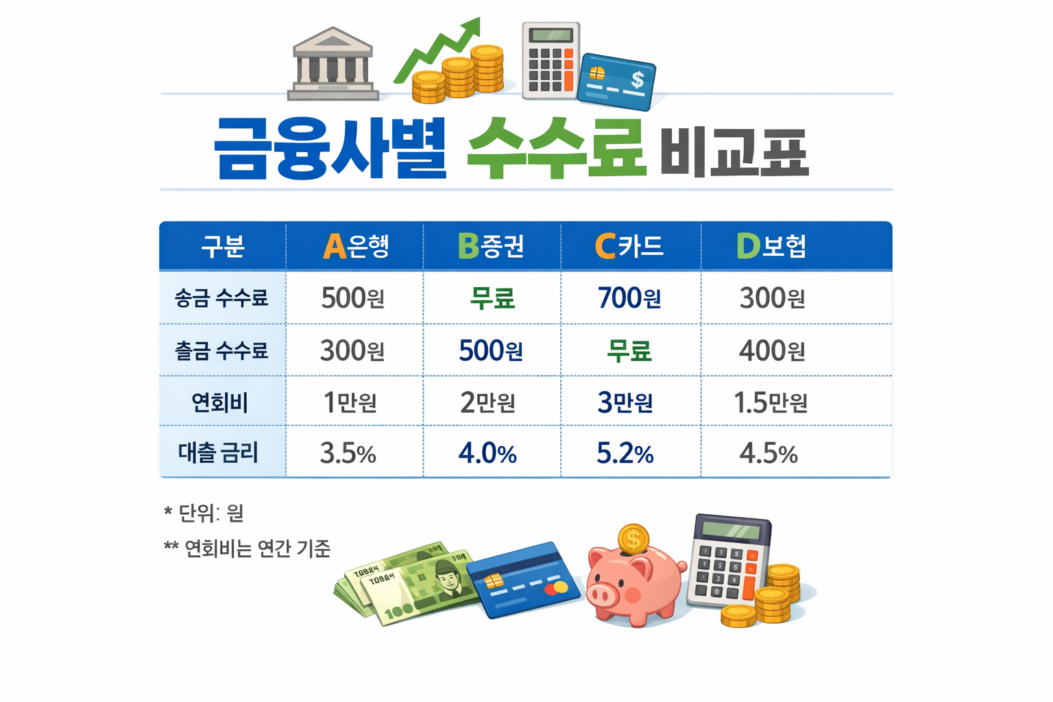금융사별 수수료 비교표(펀드,환전,송금등)