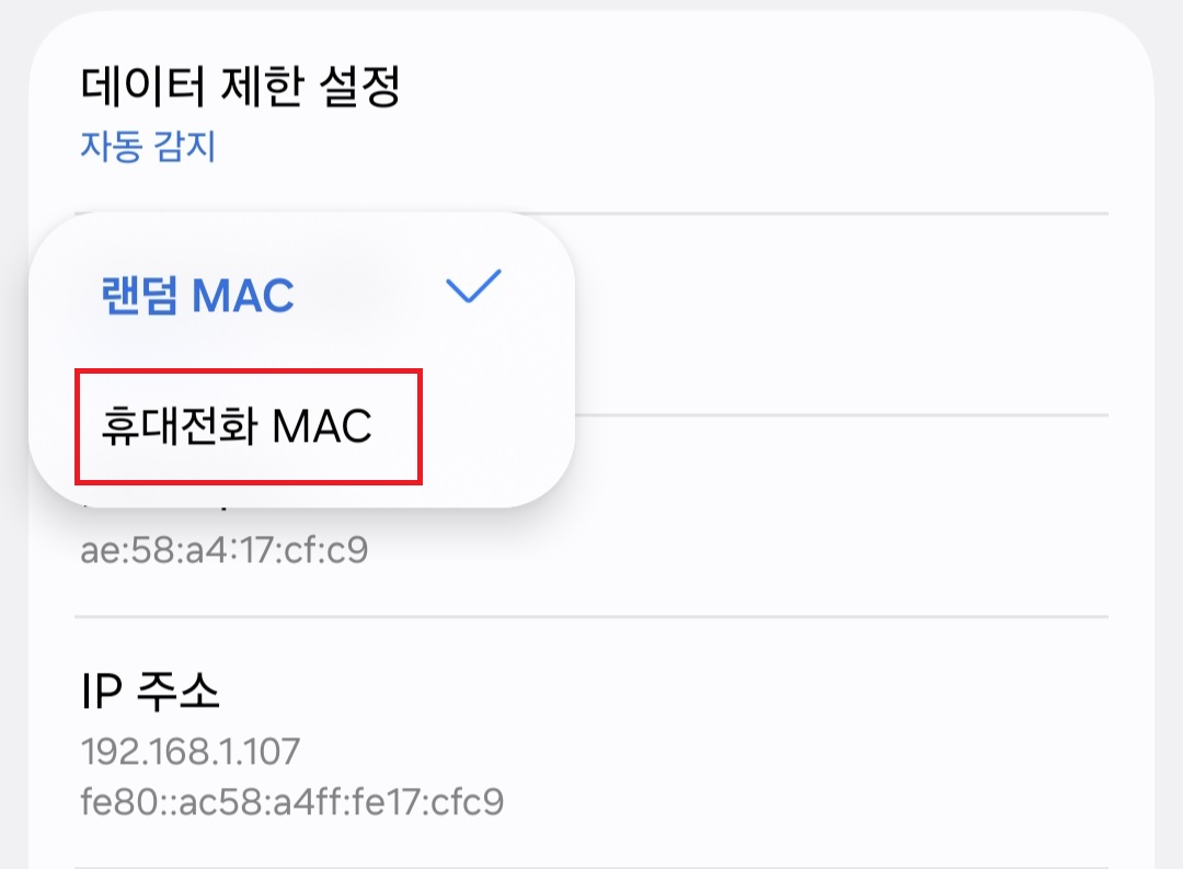 모바일 기기 자체 MAC 주소 사용