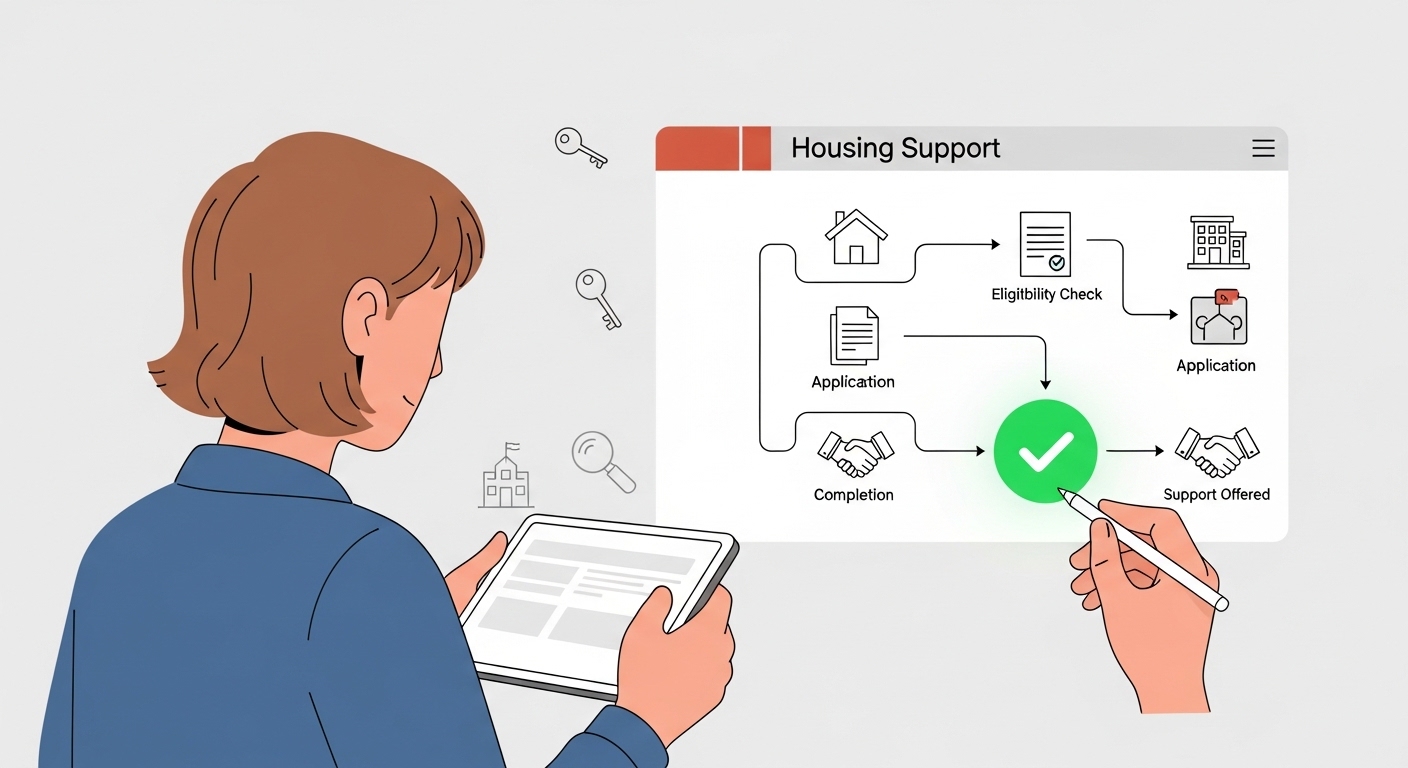 청년이 온라인으로 주거지원 신청 절차를 성공적으로 진행하는 모습. 복잡한 정책 신청 과정을 쉽게 해결하는 것을 표현합니다.