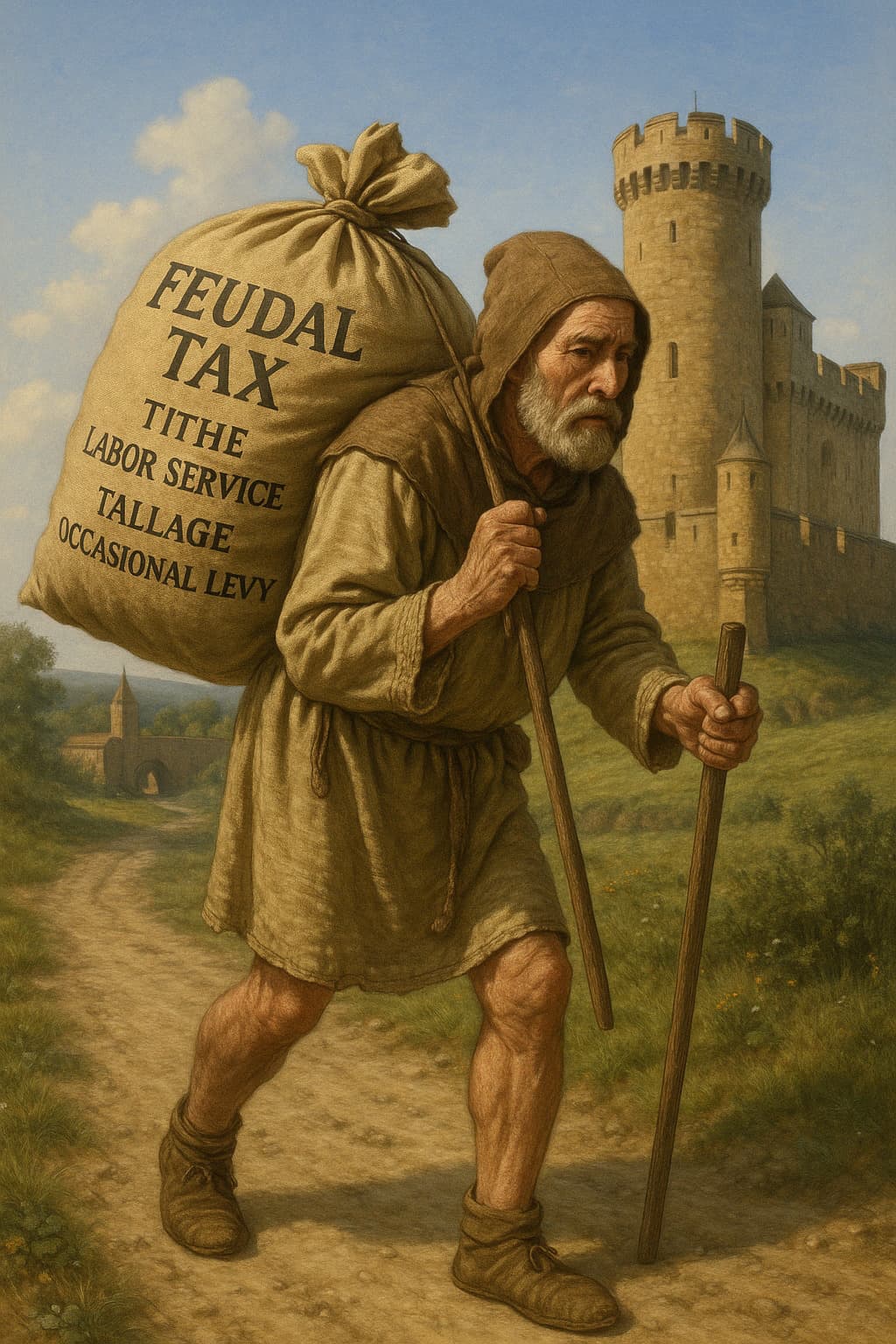 중세 유럽봉건사회 농민이 세금내러가는 이미지