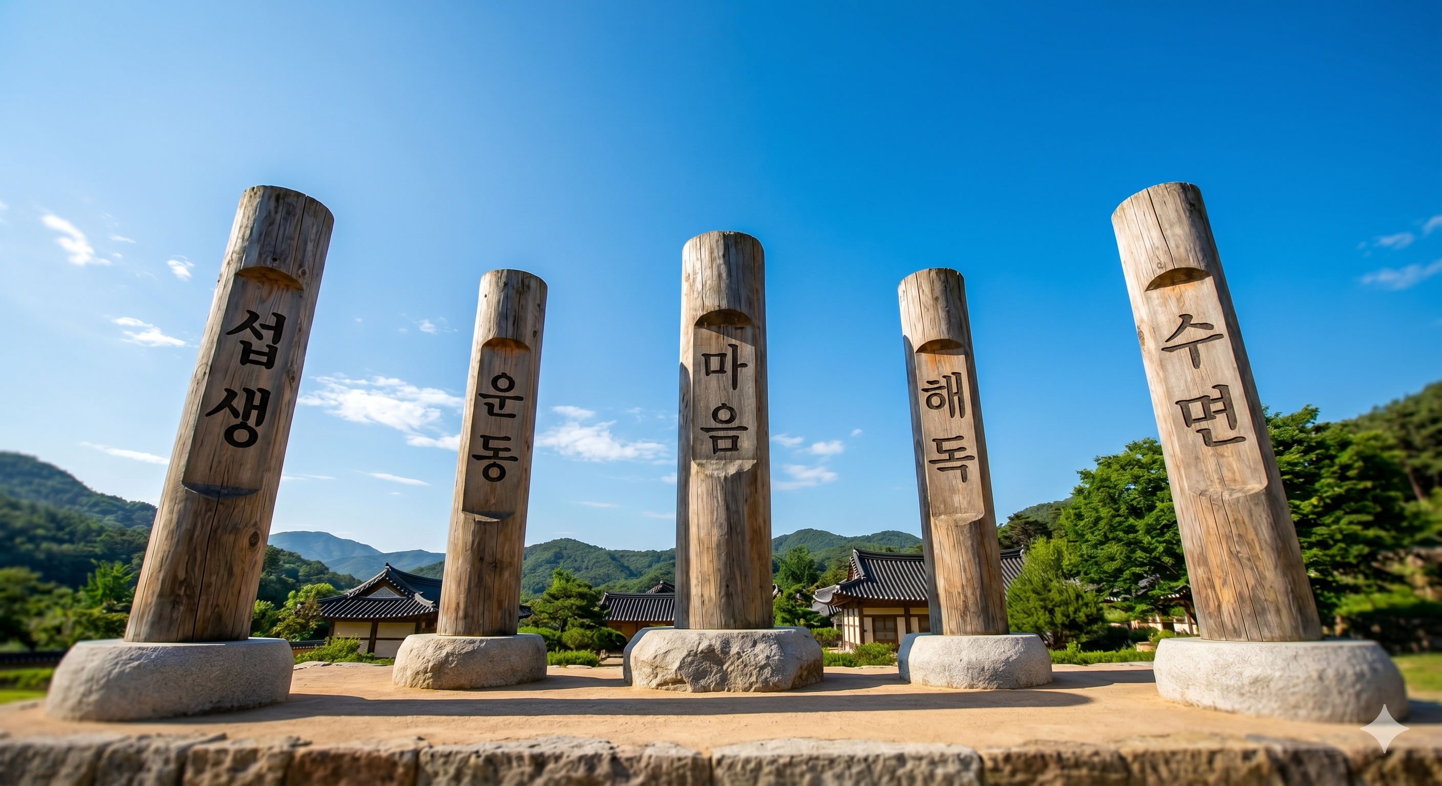 맑고 푸른 가을하늘과 평화로운 전통 한옥 마을을 배경으로, 단단한 돌 받침대 위에 '섭생', '운동', '마음', '해독', '수면'이라는 건강 핵심 키워드가 한글로 정갈하게 새겨진 다섯 개의 커다란 원목 기둥이 나란히 세워져 있는 무병장수 건강습관 이미지
