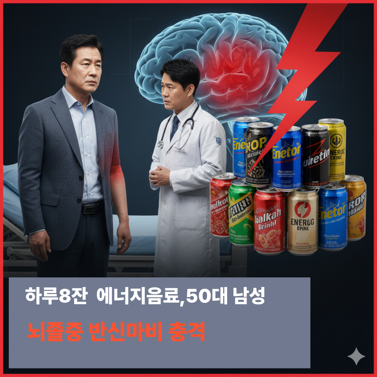 건강하던 50대 남성이 고카페인 에너지음료 과다 섭취로 뇌졸중에 이른 사례를 다룬 뉴스형 썸네일 이미지