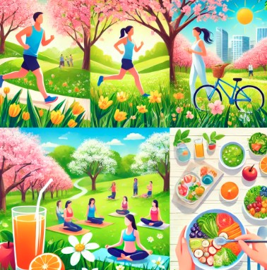 봄에 건강을 유지하기 위해 운동과 식단을 하는 모습