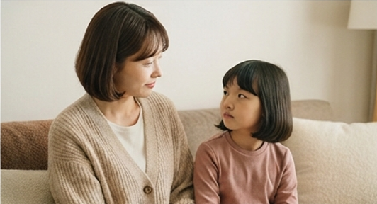엄마가 아이 옆에 앉아 다정하게 눈을 맞추는 모습