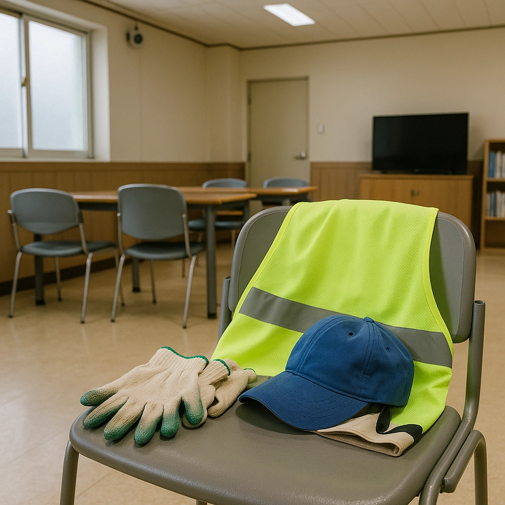 공익형 노인일자리 활동을 앞두고 복지관 휴게 공간 의자 위에 놓인 안전조끼와 장갑