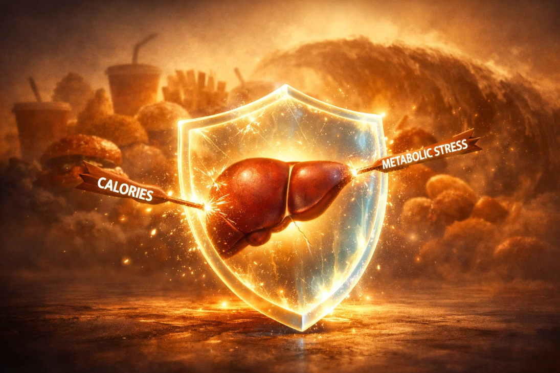 과도한 칼로리와 대사 스트레스 공격을 방패로 막는 간 보호 콘셉트 이미지