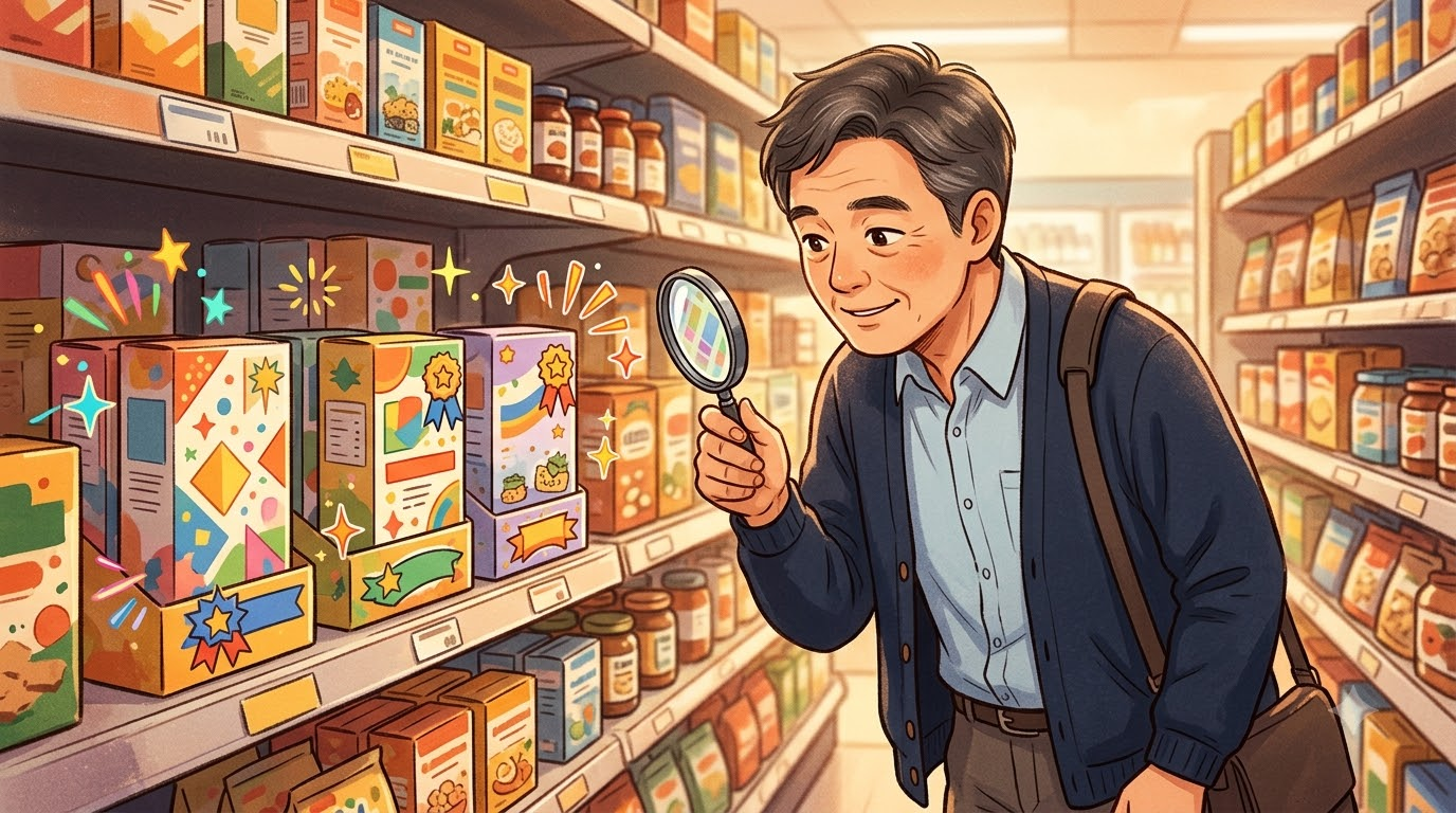 마트 진열대 앞에서 새로 들어온 상품 4개의 라벨을 돋보기로 읽어보는 50대 아빠