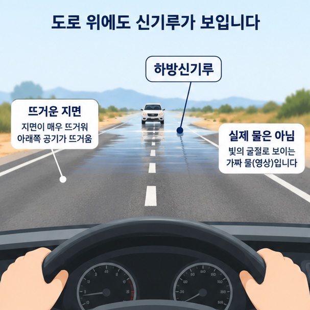 뜨거운 아스팔트 도로에서 실제 물이 없는데도 멀리 물이 반짝이는 것처럼 보이는 하방신기루를 보여주는 그림