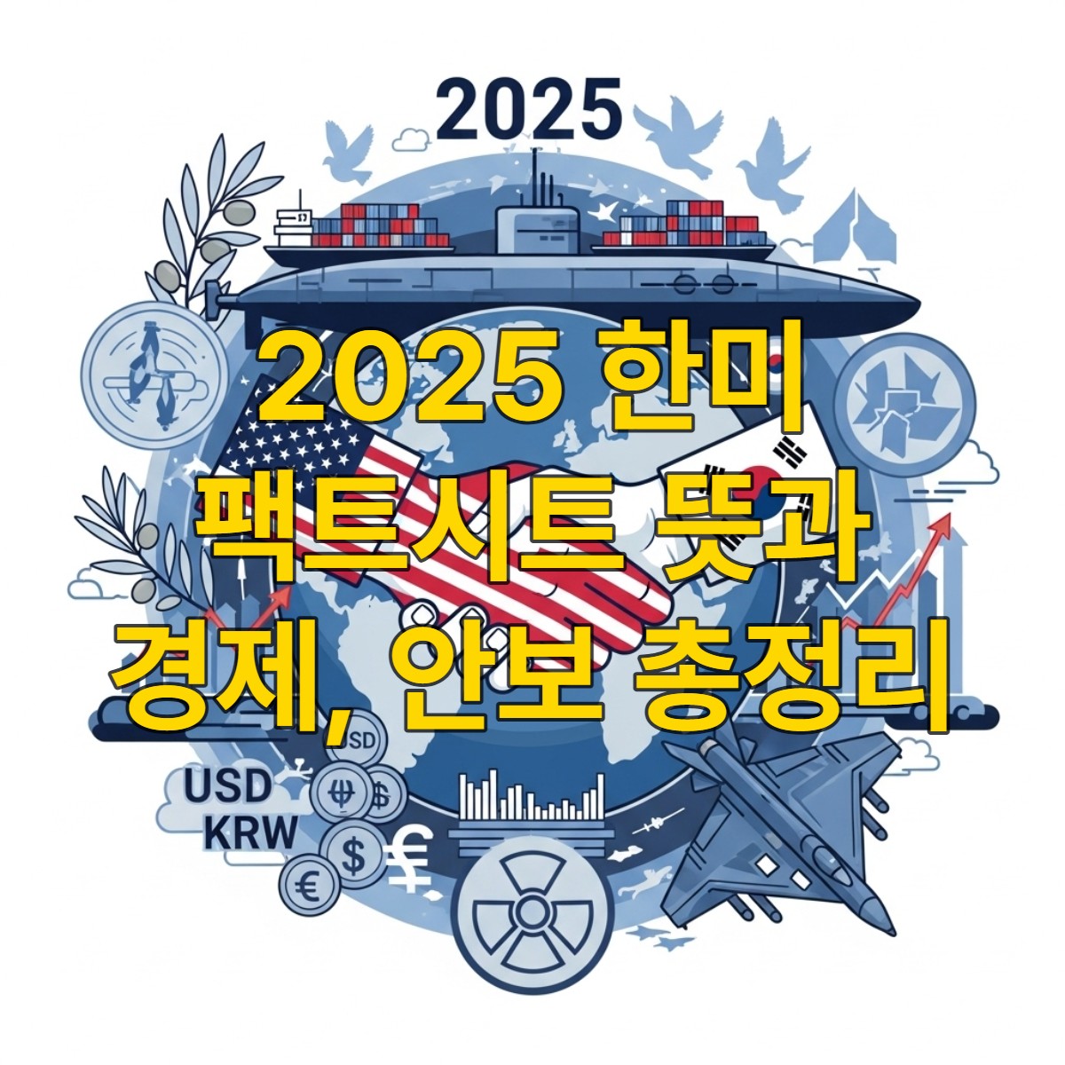 2025년 한미 정상회담 후 발표된 팩트시트의 주요 내용인 외교, 안보, 경제 협력을 상징하는 다채로운 요소들이 조화롭게 어우러진 이미지.