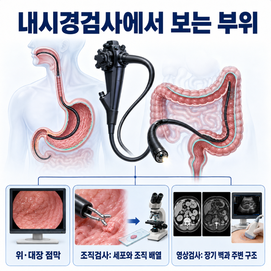 내시경이 위&middot;대장 점막을 관찰하고 조직검사와 영상검사가 정보를 보완하는 모습