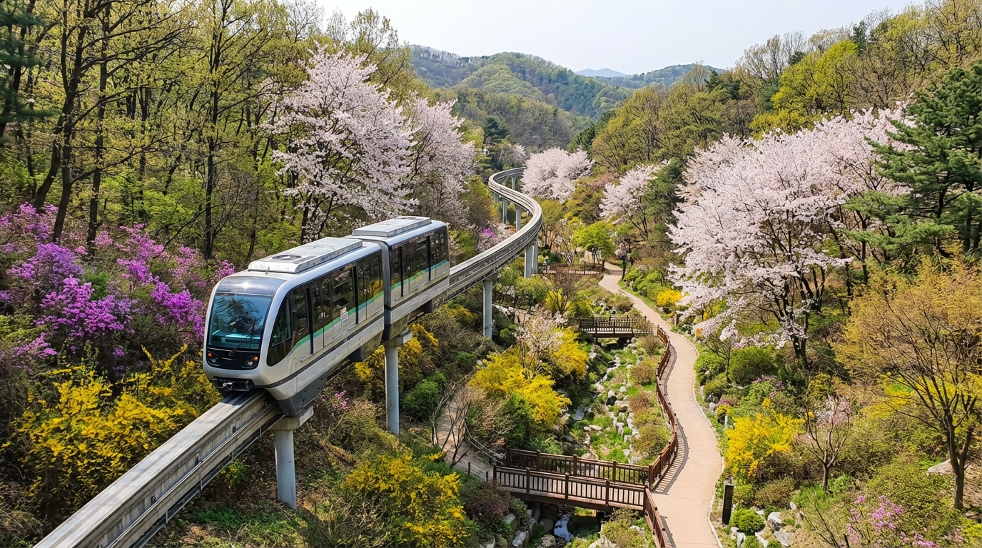 화담숲 숲속을 가로지르는 모노레일과 주변의 봄꽃 풍경