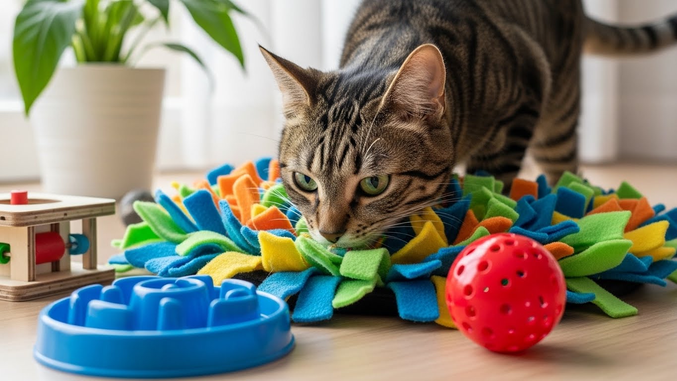 노즈워크 매트에서 간식을 찾는 호기심 많은 고양이