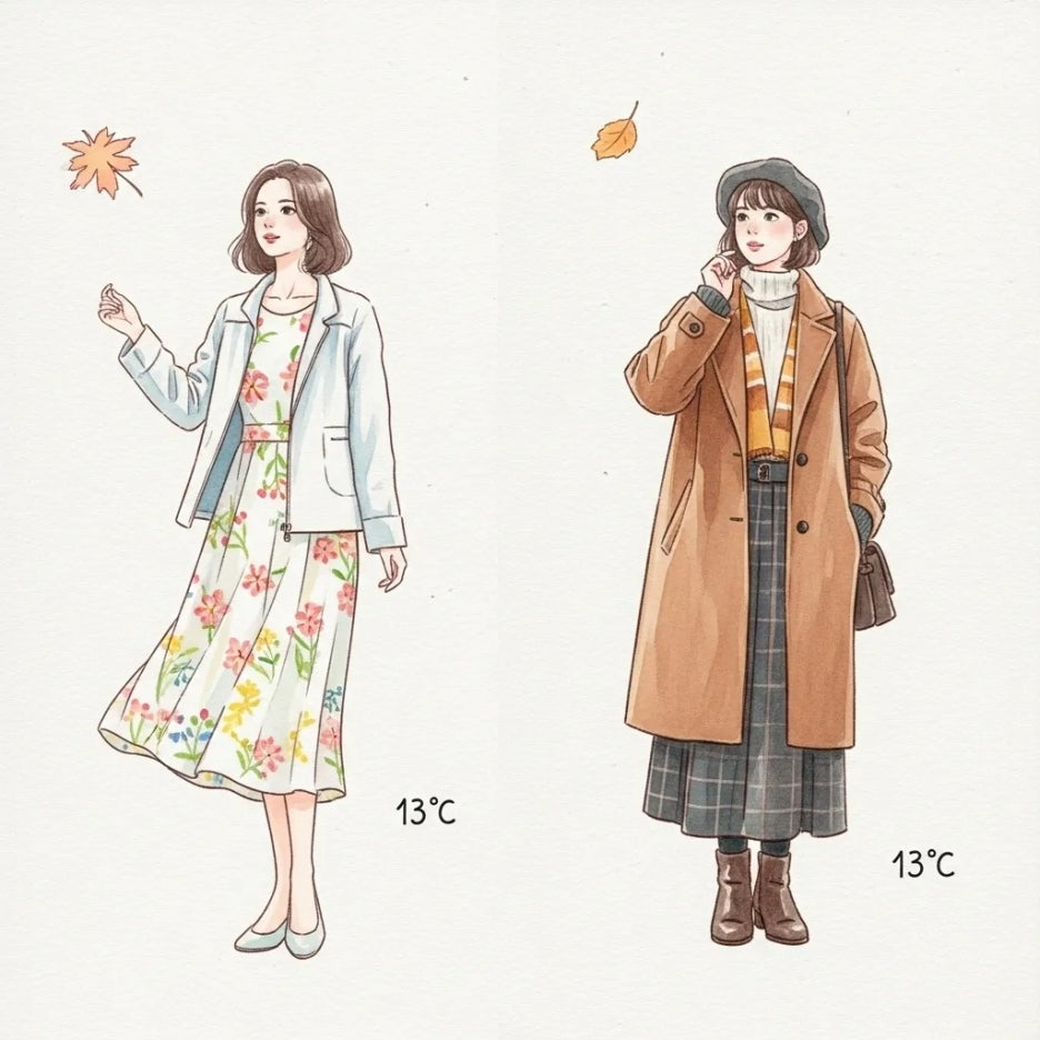 봄과 가을 분위기의 13도 코디가 나란히 있는 모습