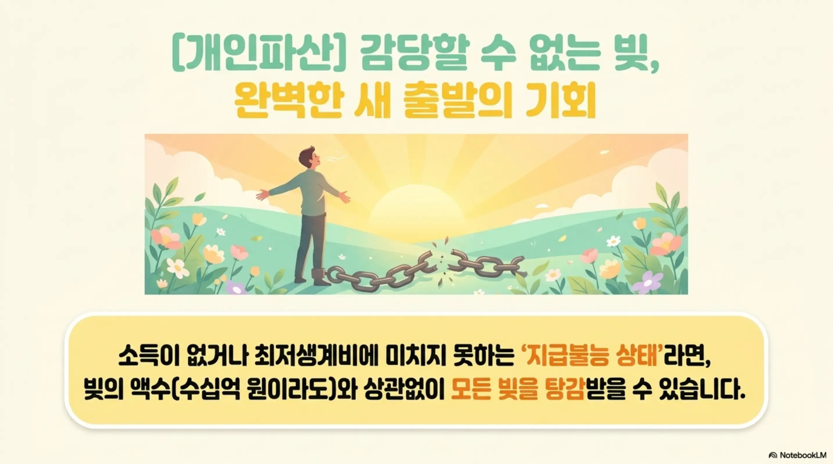 개인회생 vs 개인파산: [개인파산] 감당할 수 없는 빚 완벽한 새 출발의 기회. 소득이 없거나 최저생계비에 미치지 못하는 지급불능 상태라면 빚의 액수(수십억 원이라도)와 상관없이 모든 빚을 탕감받을 수 있음을 설명하는 인포그래픽 이미지 
