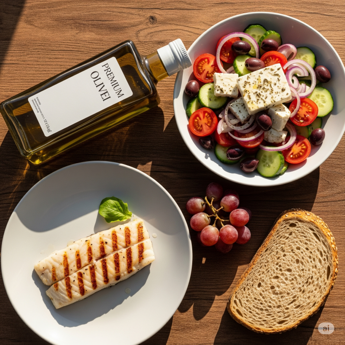 지중해 식단을 구성하는 신선하고 다채로운 음식들을 따스한 햇살 아래에 배치한 이미지입니다. 올리브 오일, 샐러드, 구운 생선, 과일 등이 어우러져 건강하고 맛있는 식단의 느낌을 전달합니다.