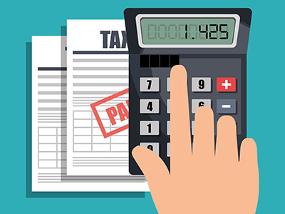 계산기를 누르고 있는 손과 &amp;#39;TAX&amp;#39; 문서가 배경에 있는 일러스트 이미지