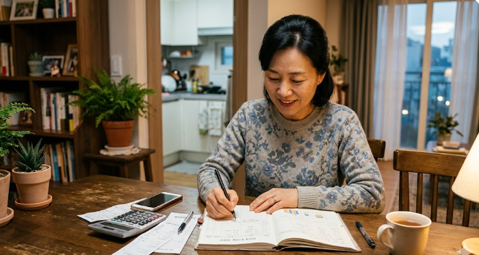 거실 테이블에서 미소를 지으며 가계부를 작성하는 중년 여성의 모습