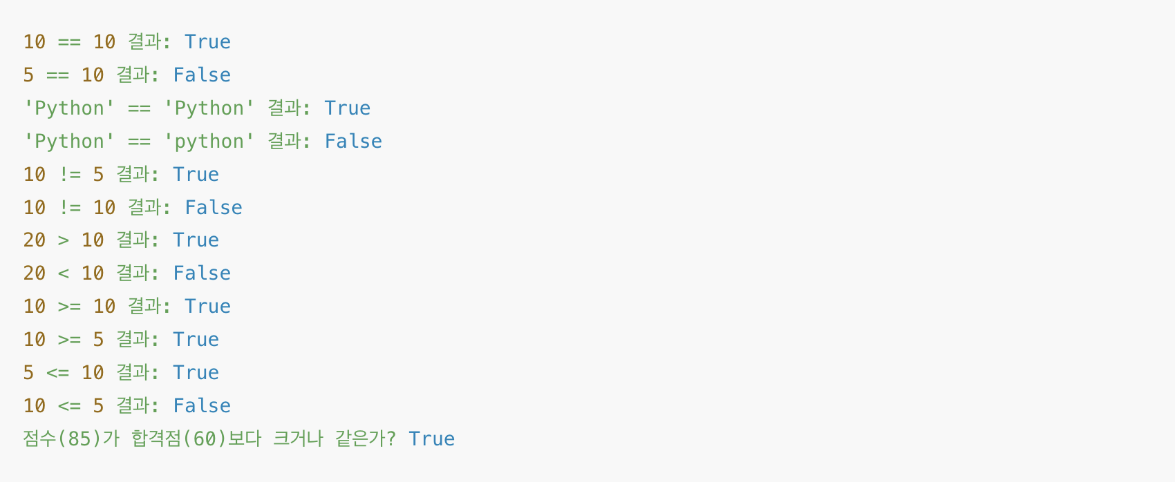 파이썬 비교 연산자 결과 예시