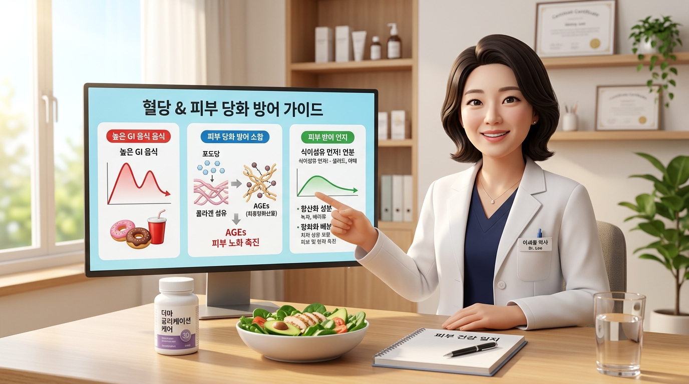 청정하고 세련된 분위기의 대학병원 피부과 진료실에서 보건 의학 전문가 선생님이 대형 인포그래픽 모니터를 가리키며 정제당 복용 후 혈당 스파이크가 유발하는 진피층 콜라겐 당화 반응(AGEs) 및 탄력 유실 생리학적 메커니즘을 조목조목 설명하고, 혈당과 피부(Glycation) 관리 수칙과 설탕이 혈당 스파이크를 일으켜 피부 탄력을 뺏는 과정(당화 반응)에 대한 정답으로 식이섬유 위주 식순 개조, 항당화 영양 조립 및 저온 수분 조리 행동 수칙을 환자에게 다정하게 안내해 주는 현대적이고 깔끔한 3D 렌더링 이미지.