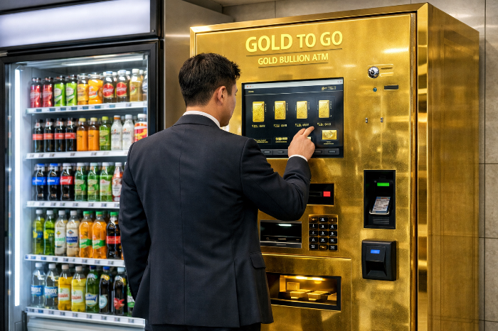 편의점 내부에 설치된 금 자판기와 이를 이용하는 직장인의 모습