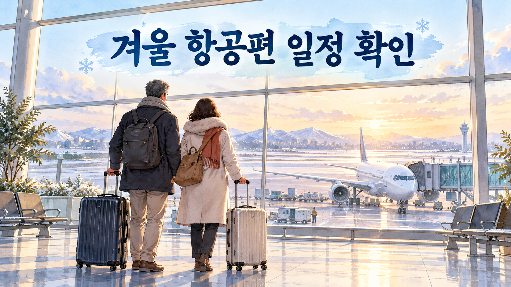 공항에서 캐리어를 끌며 항공기를 바라보는 중장년 부부의 설명용 일러스트