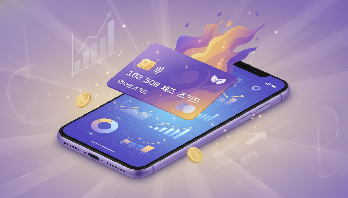 '더나은체크카드'가 스마트폰 화면에서 튀어나와 혜택을 강조하는 모습. 카드 주변에 캐시백과 절약 아이콘이 보이며, 현명한 금융 생활을 상징하는 배경.