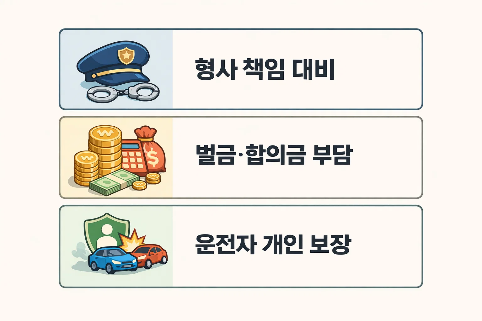교통사고 발생 시 형사 책임 대비를 위해 운전자보험이 보장하는 벌금 합의금 개인 보장 구조를 설명한 이미지
