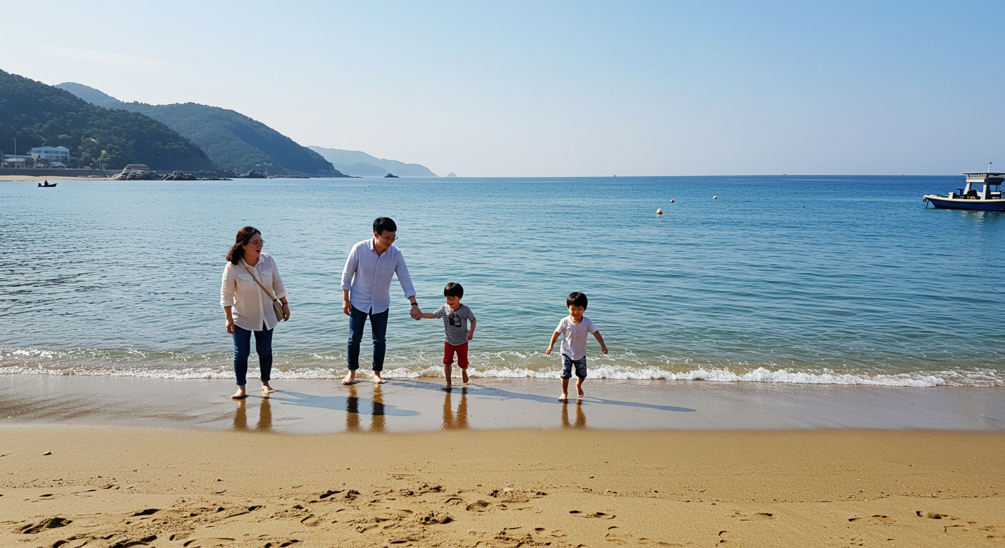 속초해수욕장에서 즐거운 시간을 보내는 한국인 가족.