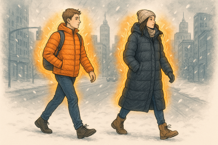 경량 패딩과 롱패딩의 기능적 차이를 도시 배경에서 보여주는 겨울 패션 이미지