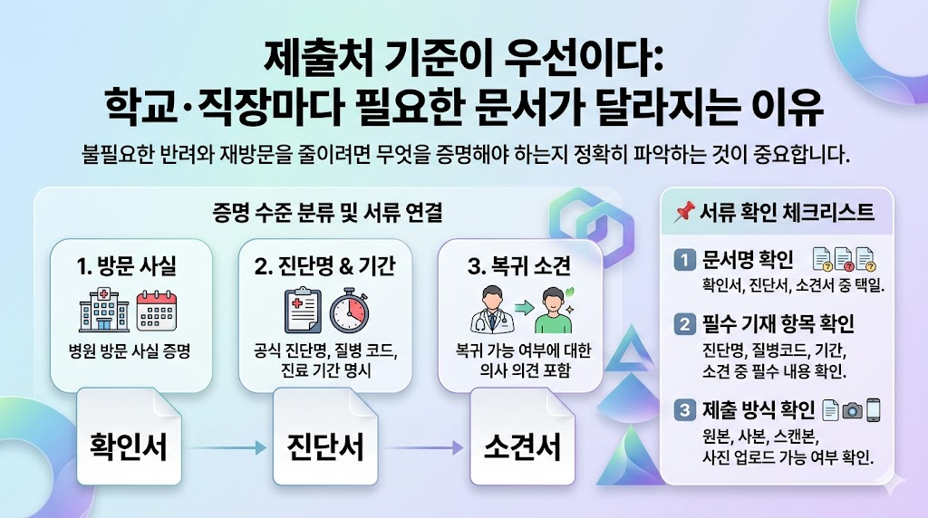 학교&middot;직장별 제출 서류 기준과 확인서&middot;진단서&middot;소견서 구분 구조를 설명한 인포그래픽