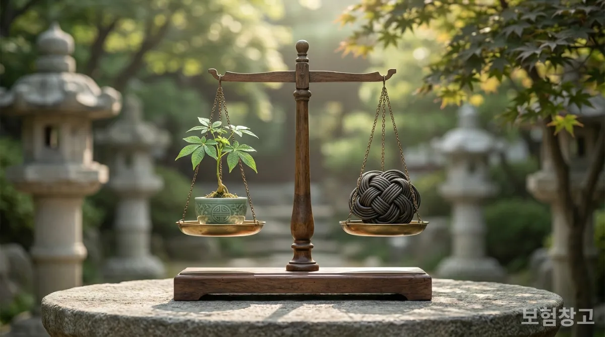 장점과 고려할 점을 상징하는 균형 잡힌 저울