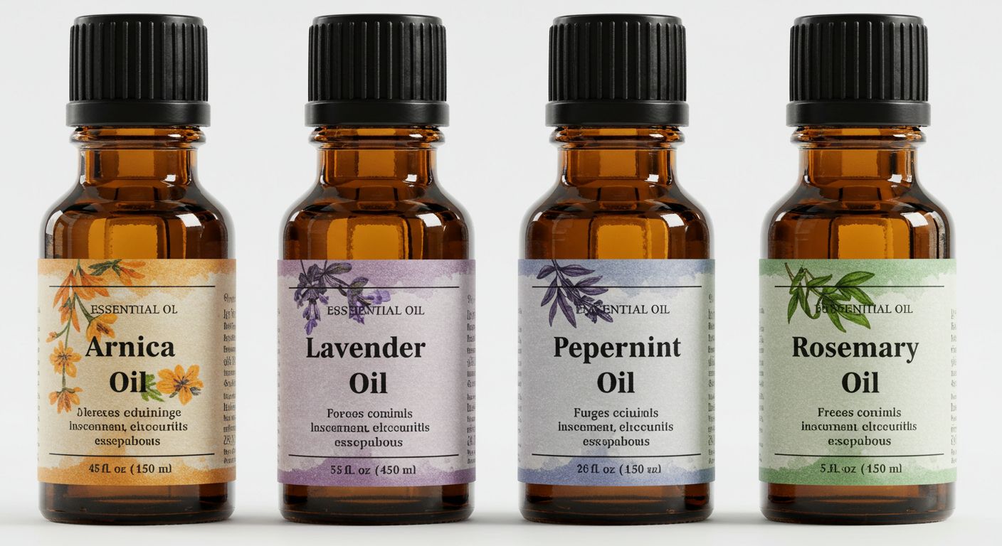 아르니카, 라벤더, 페퍼민트, 로즈마리 오일병들이 놓여 있다.