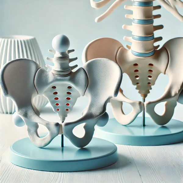 골반 틀어짐과 정상 골반을 비교한 해부학적 모형 세팅