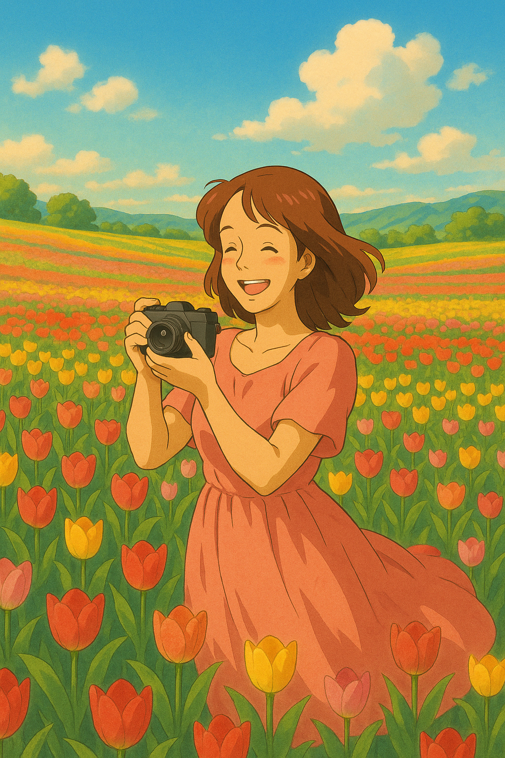 예제 3: 봄꽃 배경의 인생샷 변환
"60대 여성이 유채꽃밭에서 환하게 웃는 모습을 부드러운 파스텔 느낌의 일러스트 이미지로 바꿔줘"