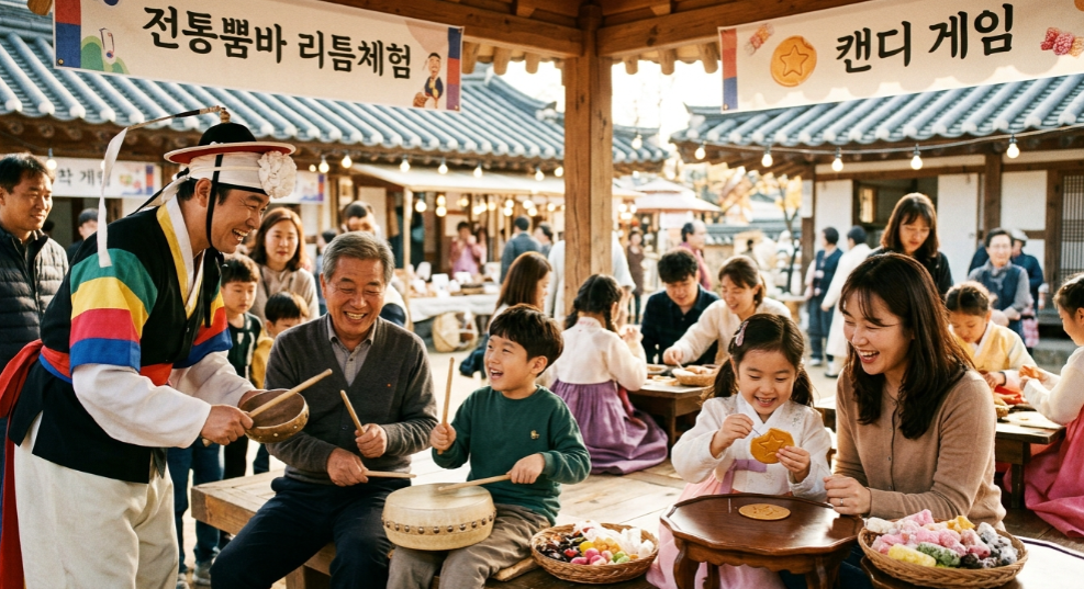 체험존에서 품바 가락을 배우고 엿치기를 즐기는 가족 단위 관람객들의 모습