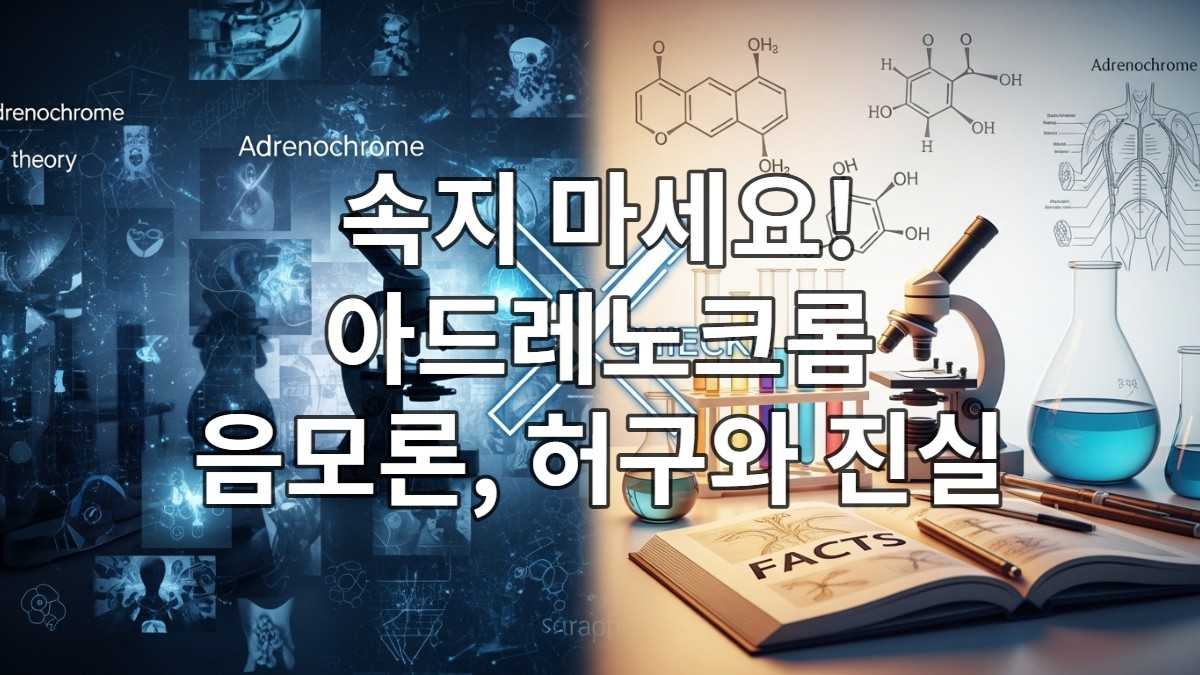 음모론과 과학적 사실이 대립하는 아드레노크롬에 대한 개념적 이미지. 혼란스러운 음모론 상징들과 명확한 과학적 실험 기구들이 대비되며 진실을 강조한다.