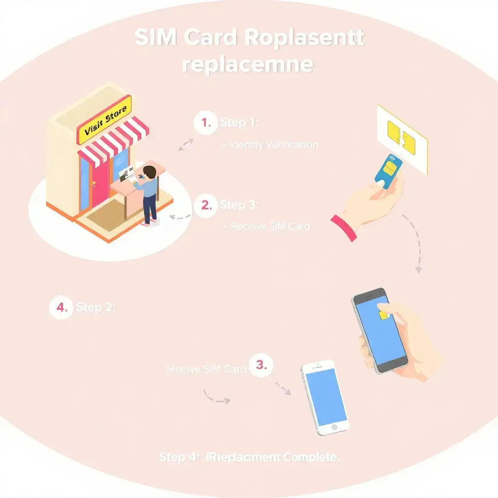 유심 무료 교체 방법을 간단한 4단계로 설명한 인포그래픽. SKT 유심 무상 교체 및 알뜰폰 사용자 대상의 절차 시각화 예시