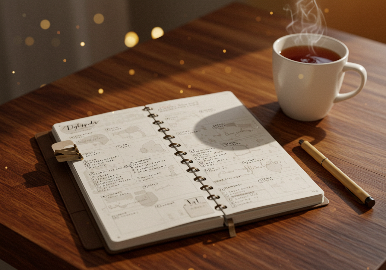 10분 루틴이 적힌 일일 계획표와 필기 도구