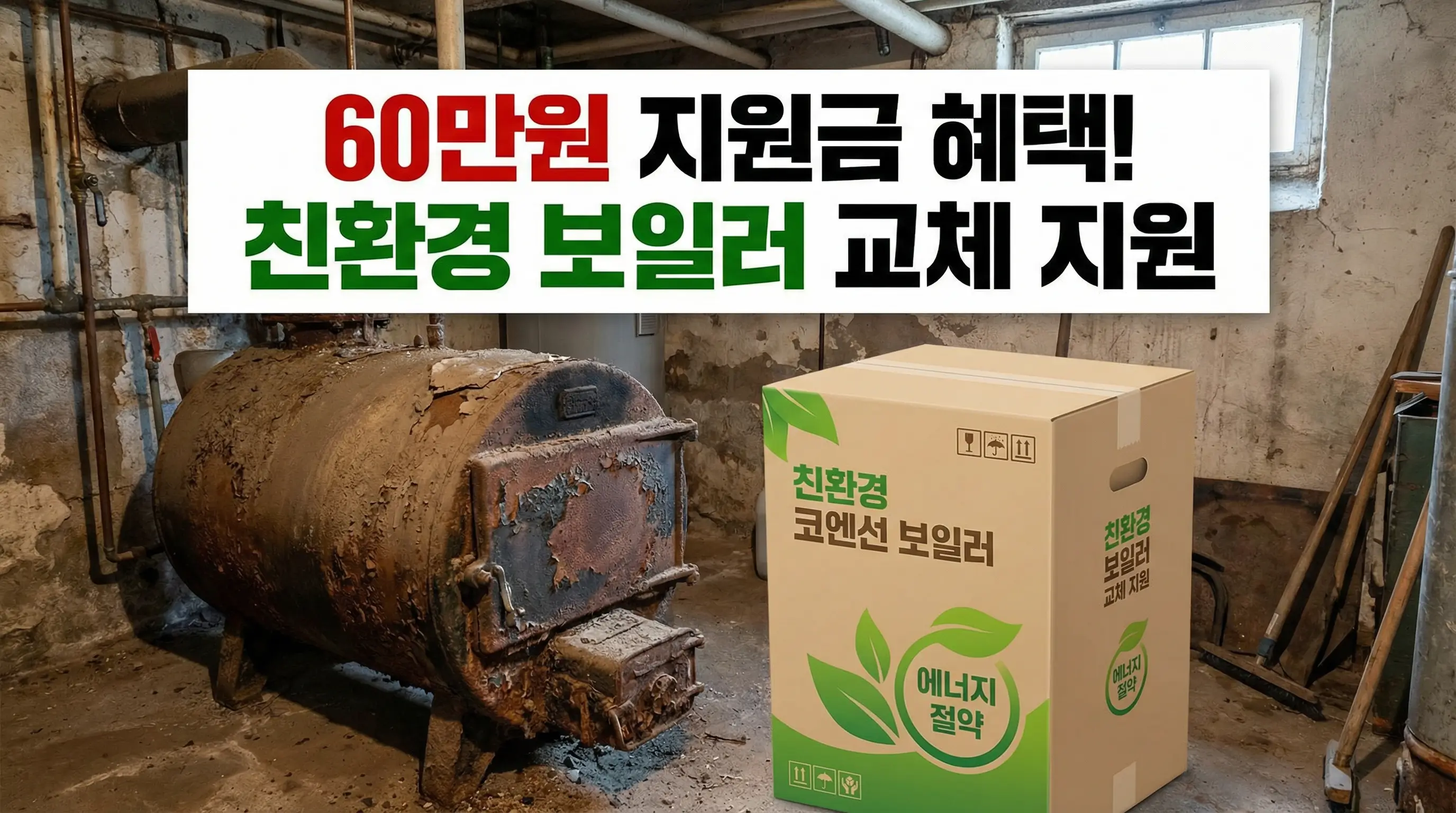 낡고 녹슨 보일러 옆에 새 친환경 보일러 박스가 놓여 있고, 60만원 지원금 혜택을 강조하는 이미지