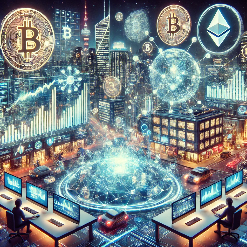 하이테크 트레이딩 플로어에서 비트코인, 이더리움 등의 홀로그램 차트가 떠 있는 모습