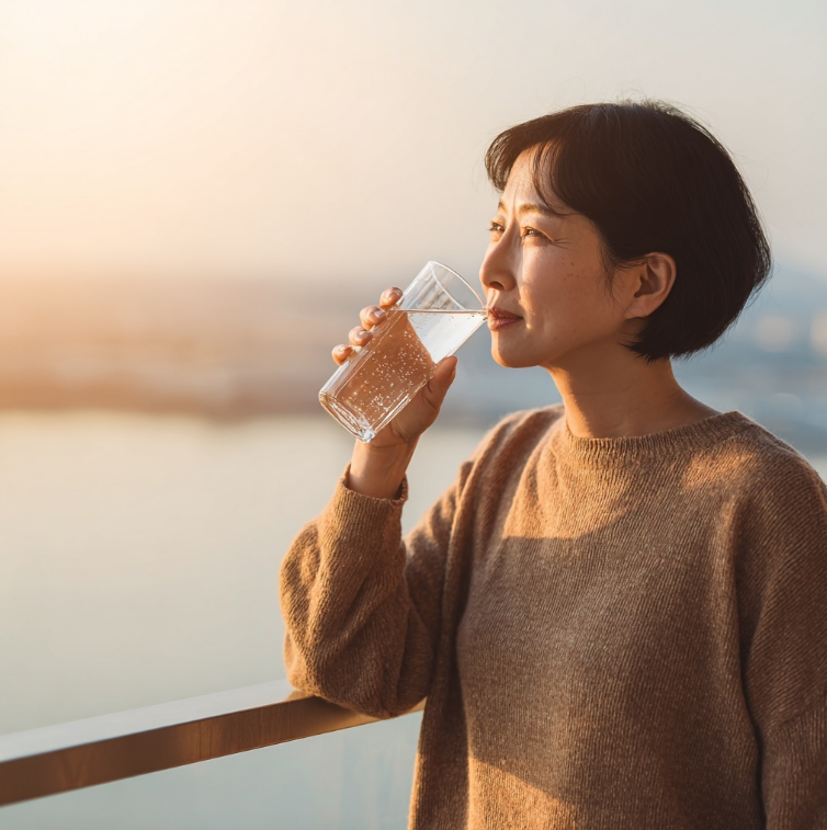 맑은 물한컵을 마시는 여성
