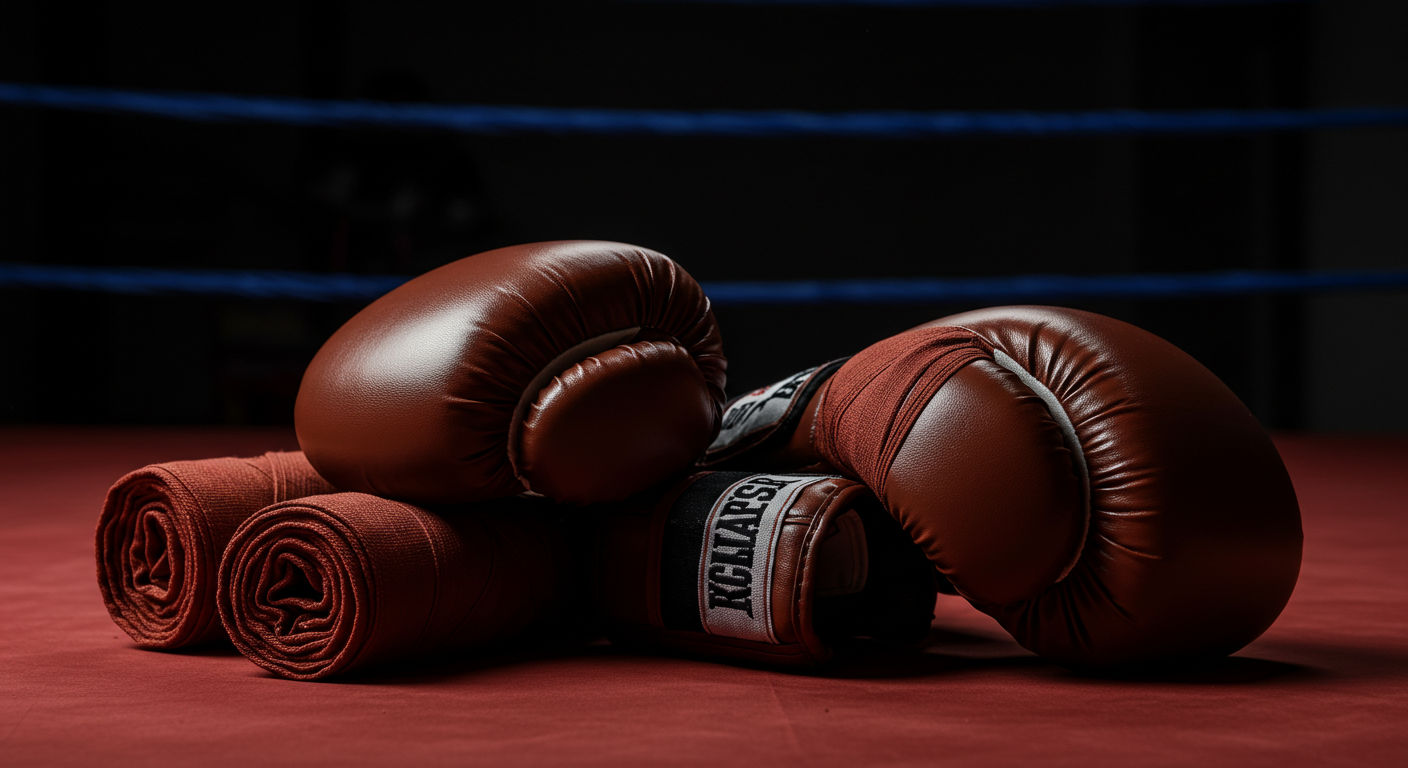 무에타이 글러브와 핸드랩이 링 위에 놓여있는 감성적인 클로즈업