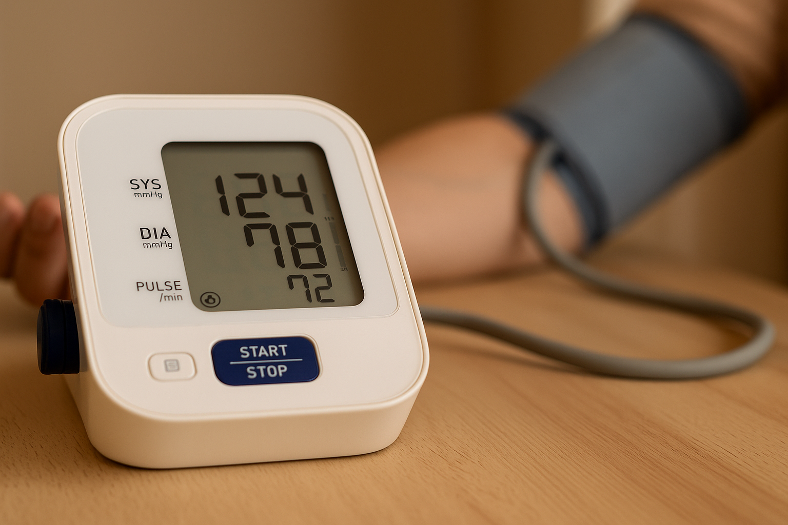 책상 위 디지털 혈압계 화면과 팔 커프가 보이는 근접 사진, 가정혈압 기록 강조